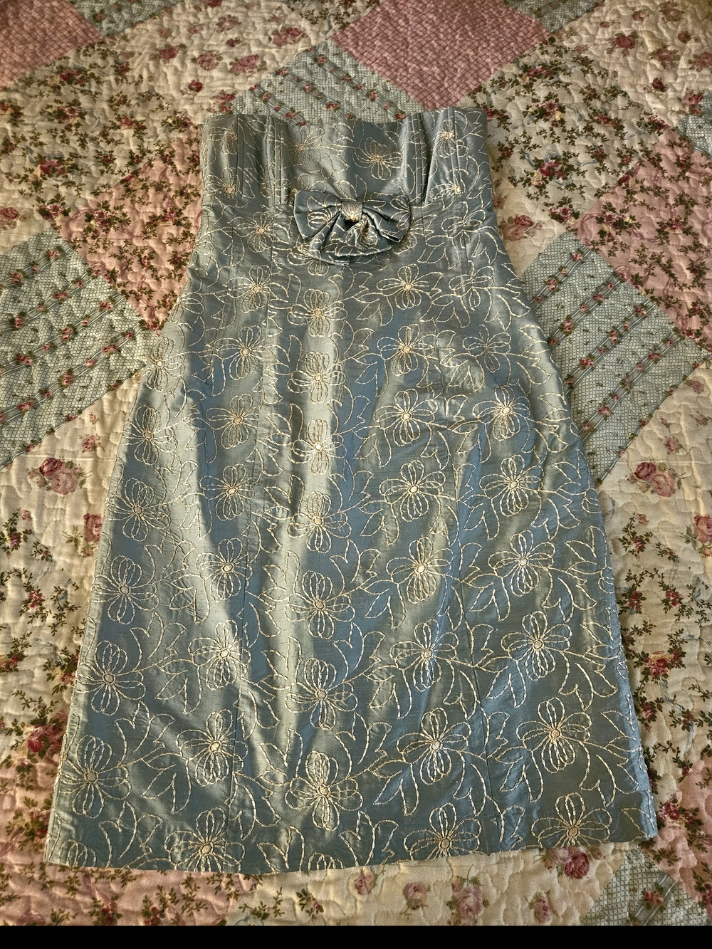 Light Blue Floral Brocade Strapless Dress - Picture 9 of 12